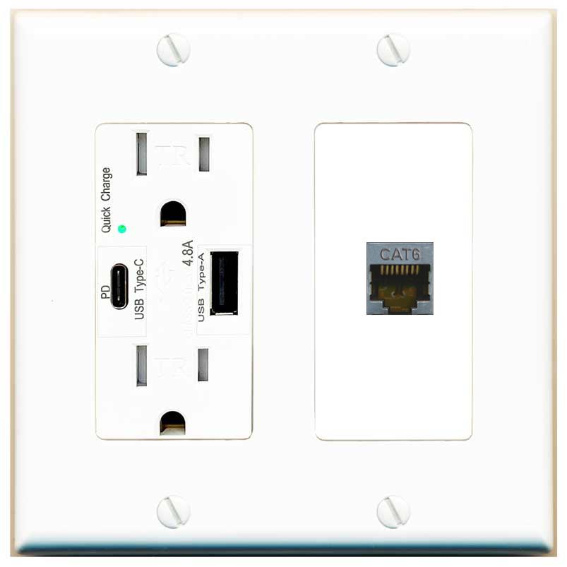 [1 Ports] CAT6-SHIELDED Wall Plate with USB A and C Chargers [White]