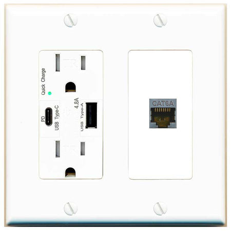 [1 Ports] CAT6A Wall Plate with USB A and C Chargers [White]