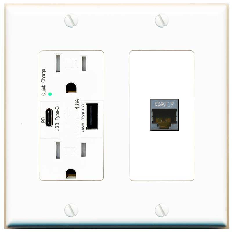 [1 Ports] CAT7 Wall Plate with USB A and C Chargers [White]