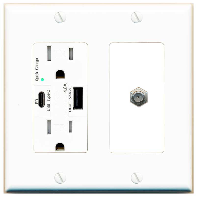 [1 Ports] COAX Wall Plate with USB A and C Chargers [White]