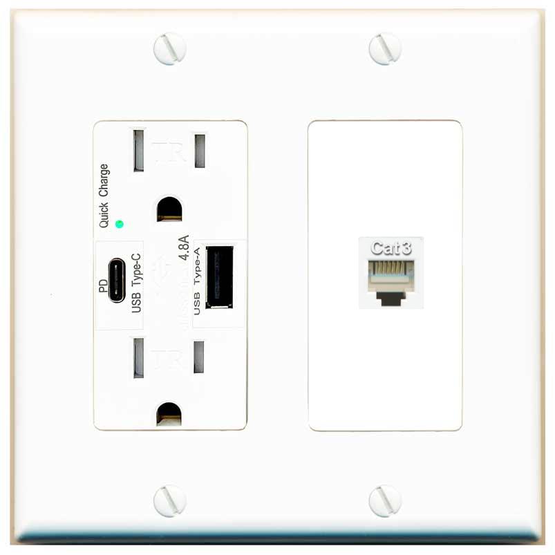 [1 Ports] PHONE Wall Plate with USB A and C Chargers [White]