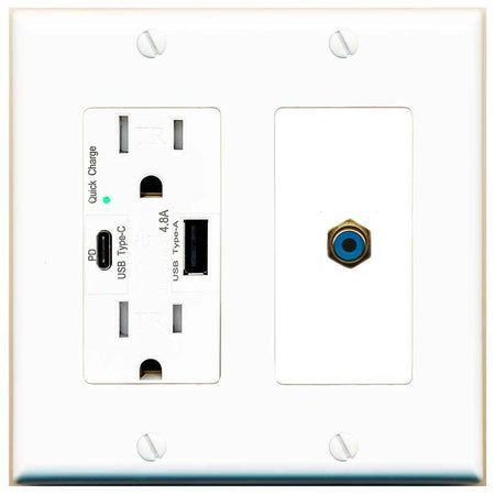 [1 Ports] RCA-BLUE Wall Plate with USB A and C Chargers [White]