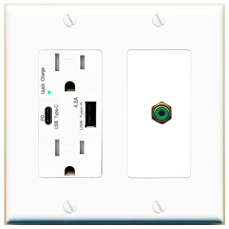 [1 Ports] RCA-GREEN Wall Plate with USB A and C Chargers [White]