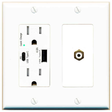 [1 Ports] RCA-WHITE Wall Plate with USB A and C Chargers [White]