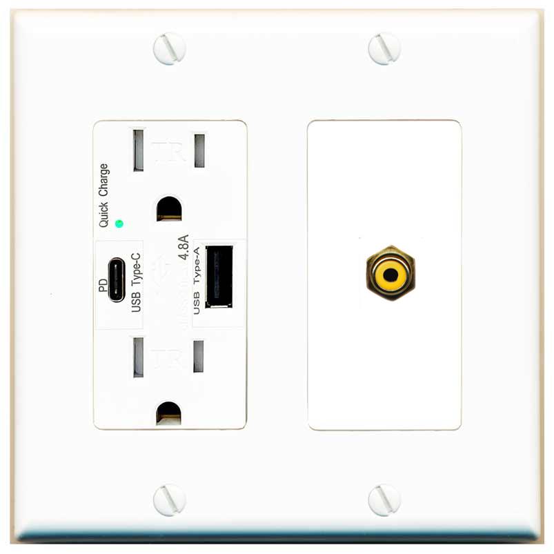 [1 Ports] RCA-YELLOW Wall Plate with USB A and C Chargers [White]