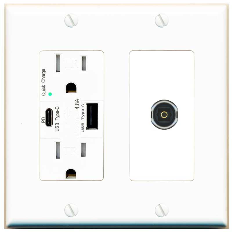 [1 Ports] TOSLINK Wall Plate with USB A and C Chargers [White]