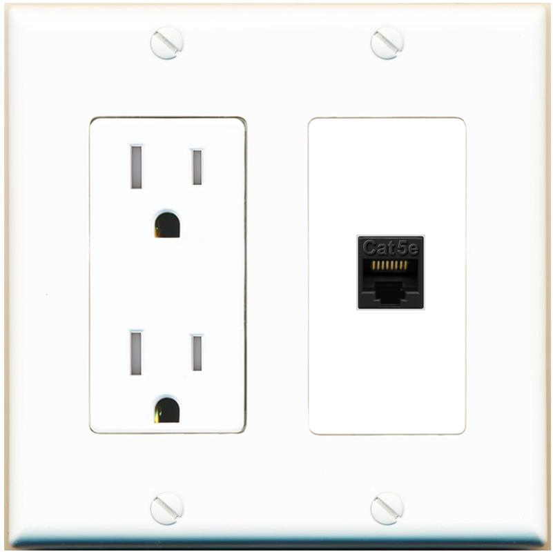 RiteAV CAT5E-BLACK Wall Plate with Tamper Resistant Power Outlet [White]
