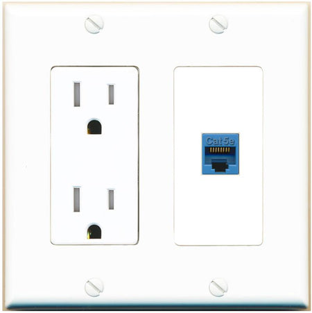 RiteAV CAT5E-BLUE Wall Plate with Tamper Resistant Power Outlet [White]