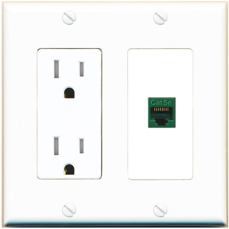RiteAV CAT5E-GREEN Wall Plate with Tamper Resistant Power Outlet [White]
