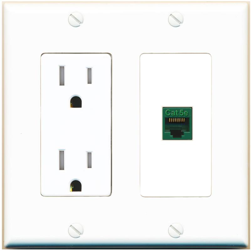 RiteAV CAT5E-GREEN Wall Plate with Tamper Resistant Power Outlet [White]