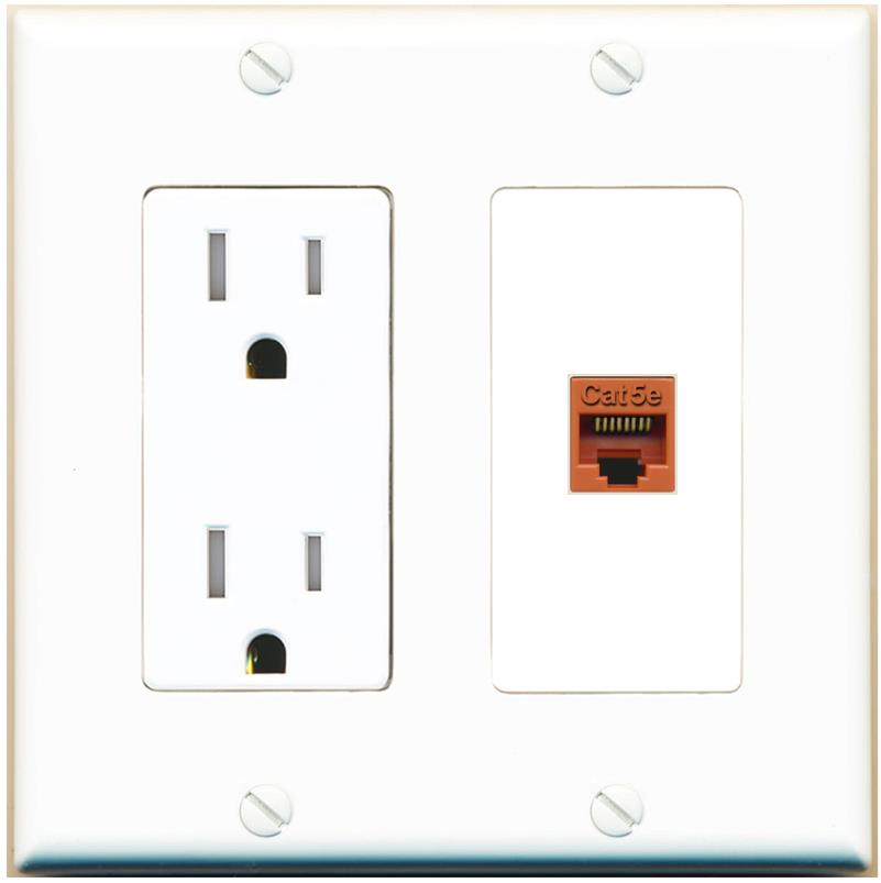 RiteAV CAT5E-ORANGE Wall Plate with Tamper Resistant Power Outlet [White]
