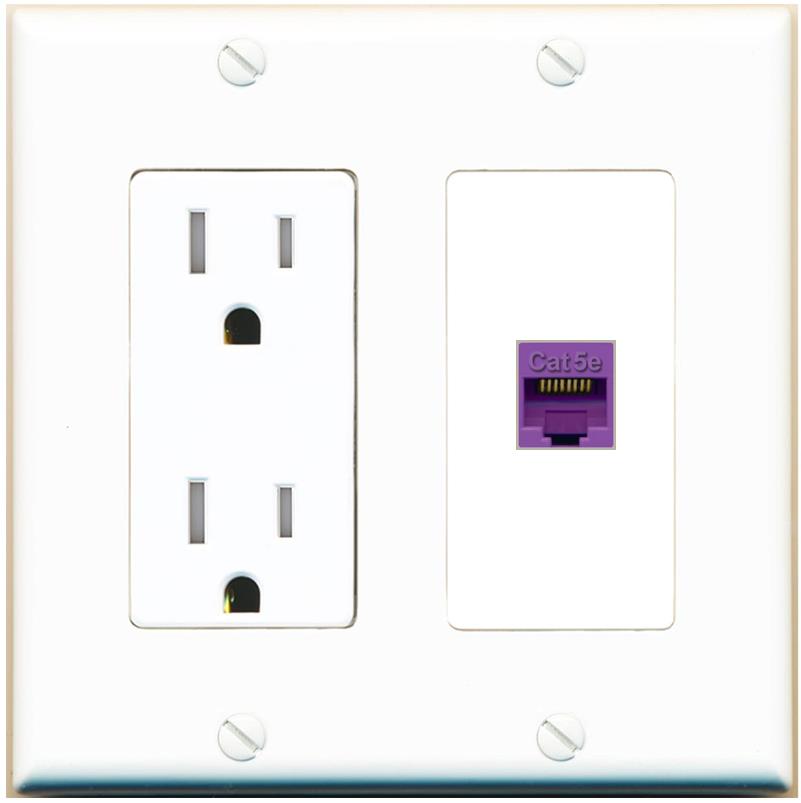 RiteAV CAT5E-PURPLE Wall Plate with Tamper Resistant Power Outlet [White]