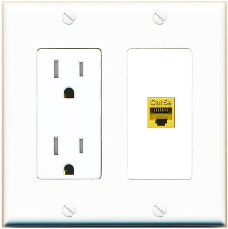 RiteAV CAT5E-YELLOW Wall Plate with Tamper Resistant Power Outlet [White]