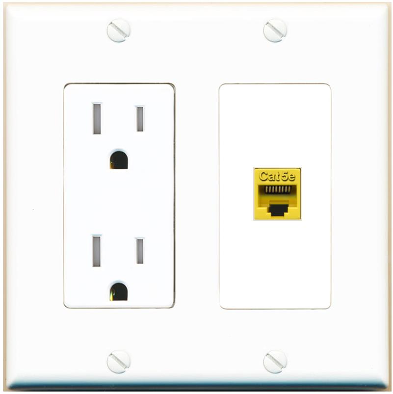RiteAV CAT5E-YELLOW Wall Plate with Tamper Resistant Power Outlet [White]