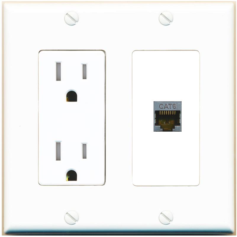RiteAV CAT6-SHIELDED Wall Plate with Tamper Resistant Power Outlet [White]