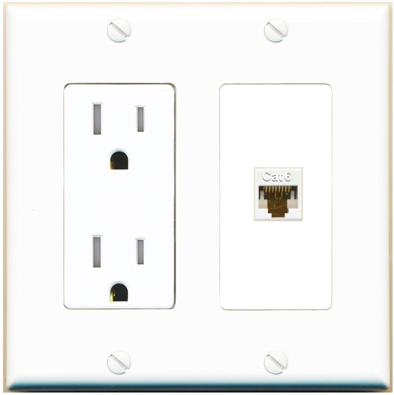 RiteAV CAT6-WHITE Wall Plate with Tamper Resistant Power Outlet [White]