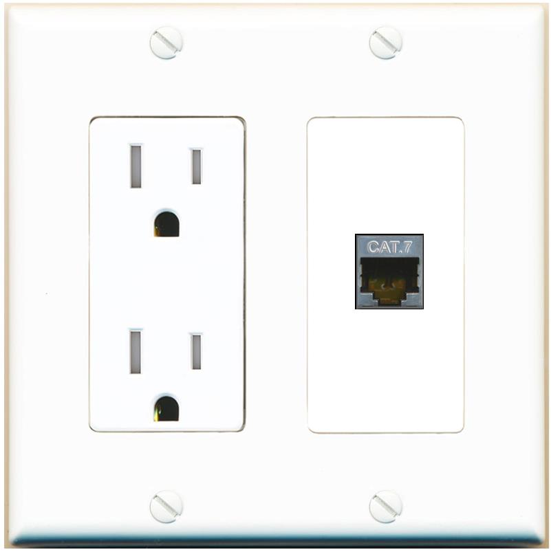 RiteAV CAT7 Wall Plate with Tamper Resistant Power Outlet [White]