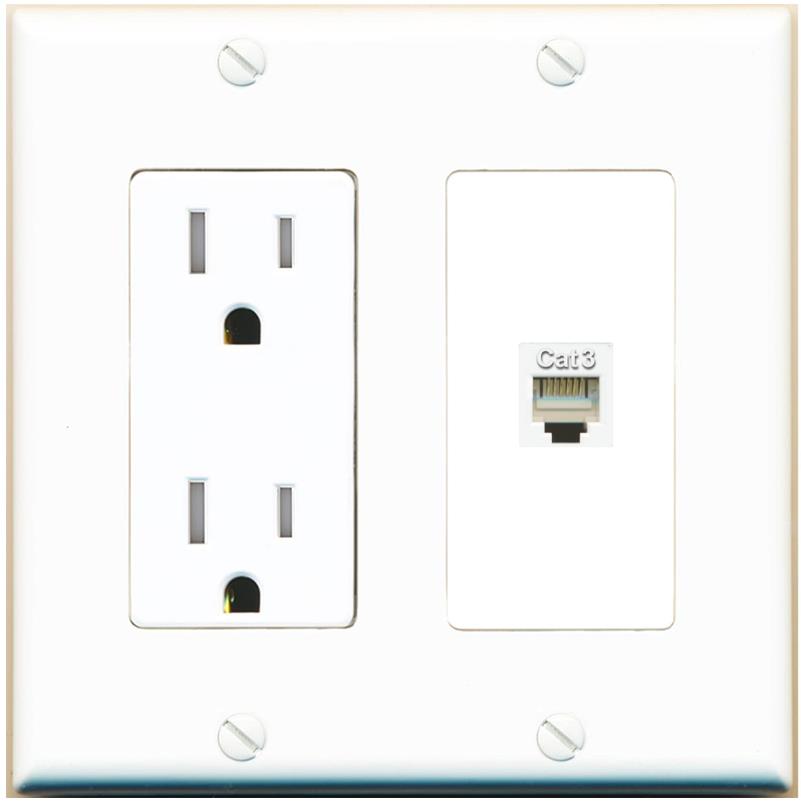 RiteAV PHONE Wall Plate with Tamper Resistant Power Outlet [White]