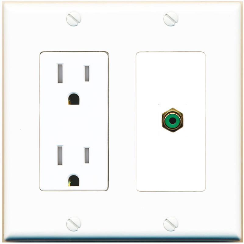 RiteAV RCA-GREEN Wall Plate with Tamper Resistant Power Outlet [White]