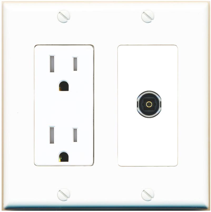 RiteAV TOSLINK Wall Plate with Tamper Resistant Power Outlet [White]