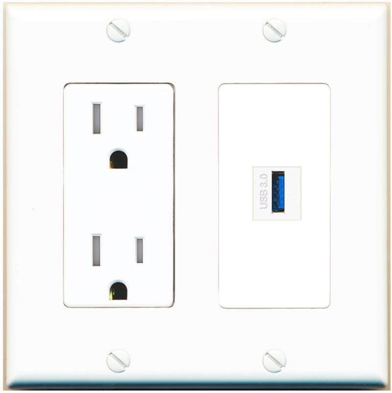 RiteAV USB-3 Wall Plate with Tamper Resistant Power Outlet [White]