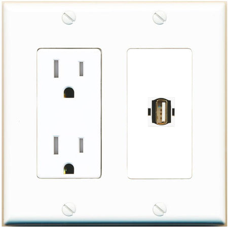 RiteAV USB2 Wall Plate with Tamper Resistant Power Outlet [White]