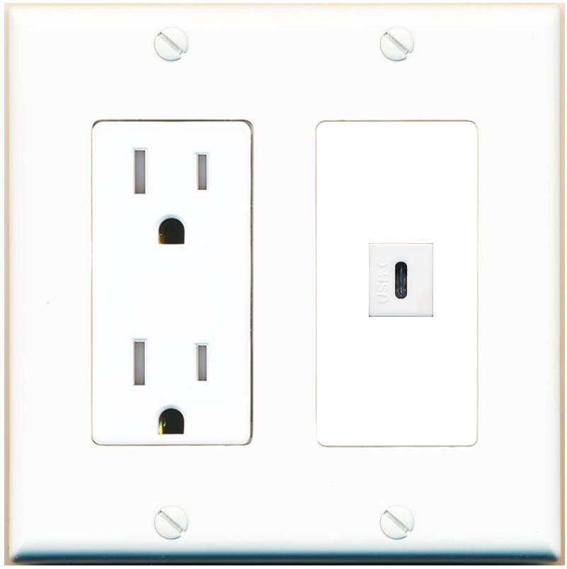 RiteAV USBC Wall Plate with Tamper Resistant Power Outlet [White]