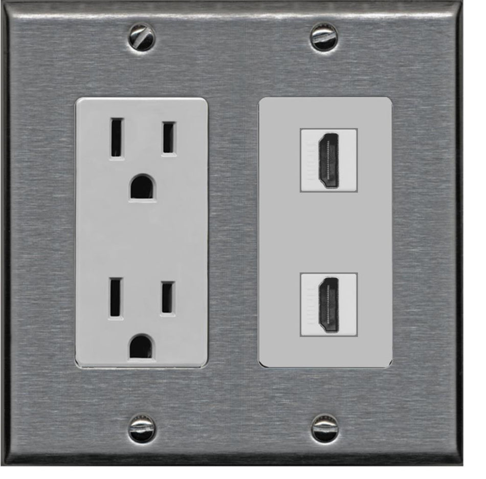 RiteAV - 15 Amp Power Outlet 2 Port HDMI Decorative Type Wall Plate - Stainless Steel & Gray