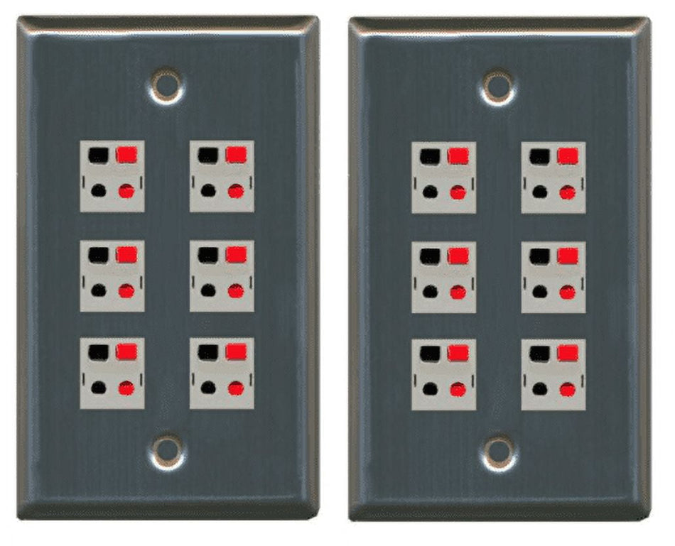 RiteAV 6 Port Speaker Jack Single Gang Wall Plate for Home Theater - Stainless Steel/Gray - 2 Pack