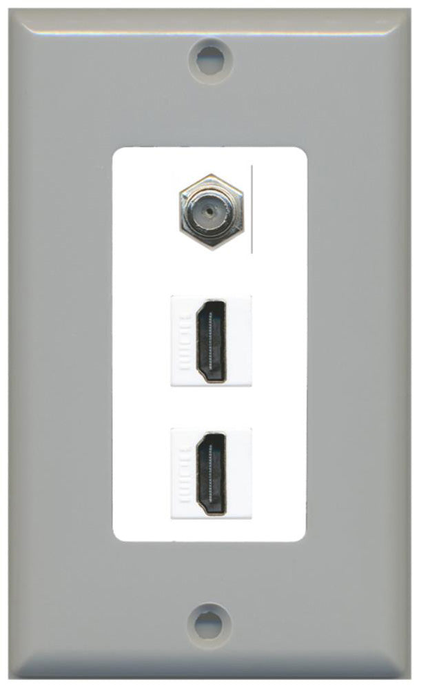 RiteAV - 2 Port HDMI 1 Coax Cable TV- F-Type Decorative Wall Plate - Gray & White