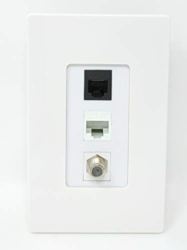 RiteAV - 1 Port Coax Cable TV- F-Type 1 Phone RJ11 RJ12 Black 1 Cat5e Ethernet Screwless Decorative White Wall Plate