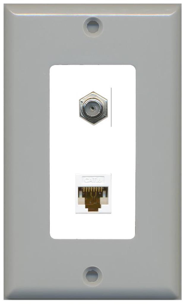 RiteAV - 1 Coax Cable TV F and 1 Cat6 Ethernet Wall Plate Decorative - Gray & White - Bracket Included