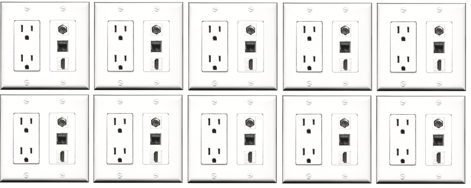 RiteAV - 15 Amp Power Outlet 1 Port HDMI Coax Shielded Cat6 Ethernet Ethernet Wall Plate - White (10 Pack)