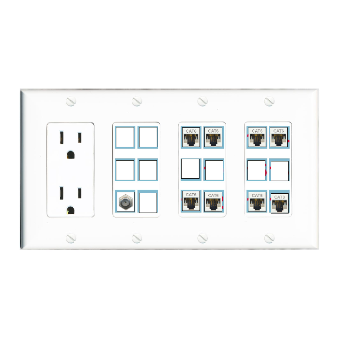 Custom Wall Plate 15 Amp Power Outlet White with up to 18 Keystone Ports