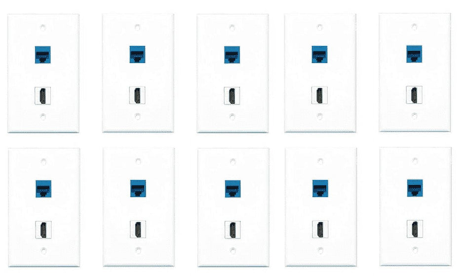 RiteAV - 1 Port HDMI 1 Port Cat6 Ethernet Blue Wall Plate - Bracket Included - 10 Pack