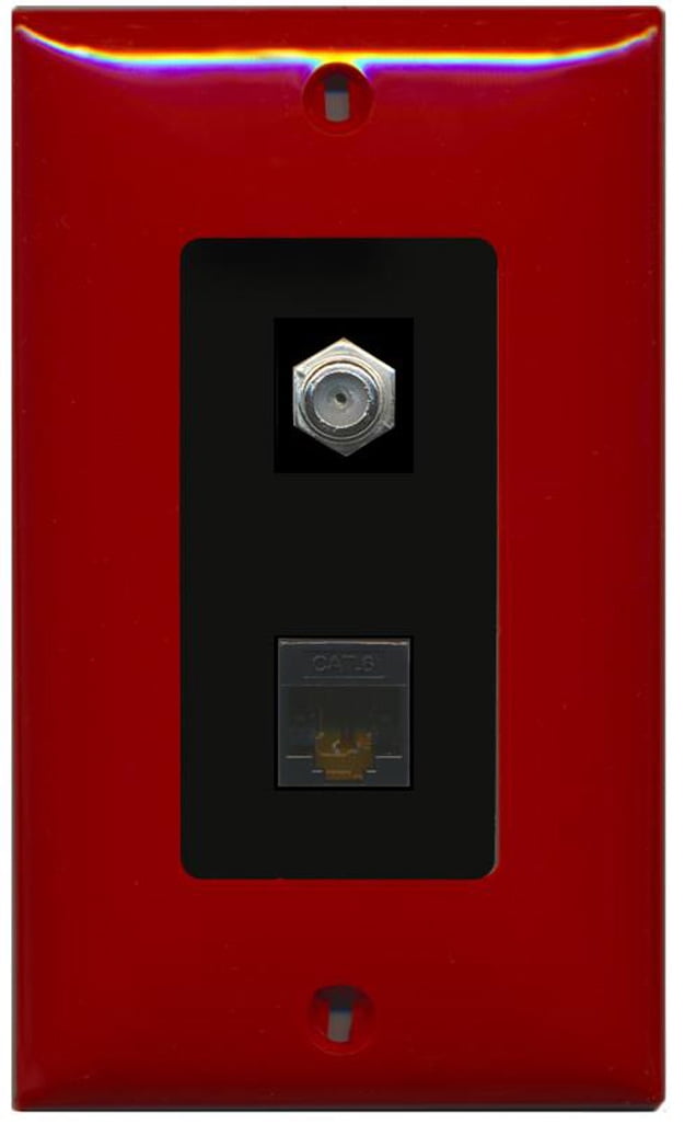 RiteAV - 1 Coax Cable TV F and 1 Cat6 Ethernet Wall Plate Decorative - Red & Black - Bracket Included