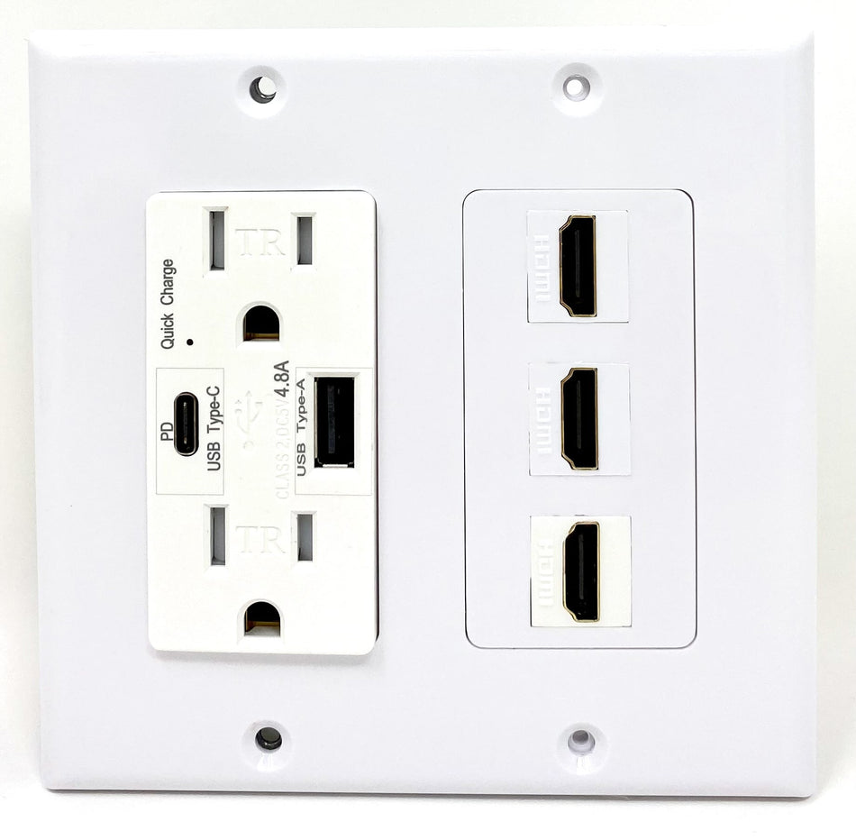 RiteAV USB Charger Outlet 15A/125V with USB Type-A/USB Type-C Charging Ports and 3 x HDMI Decorative White Wall Plate