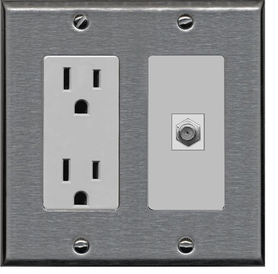 RiteAV - 15 Amp Power Outlet and 1 Port Coax Cable TV- F-Type Decorative Type Wall Plate - Stainless Steel & Gray