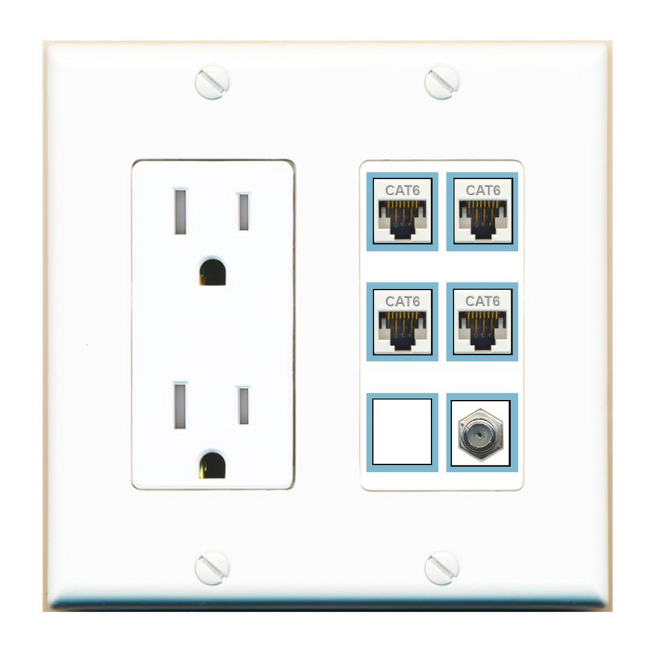 6 Port Custom Keystone Wall Plate with Tamper Resistant DecorZ Power Outlet
