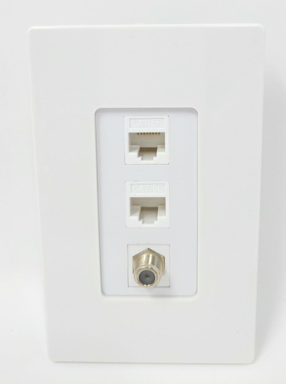 RiteAV - 1 Port Coax Cable TV- F-Type 2 Port Cat5e Ethernet Decorative Screwless Wall Plate - White