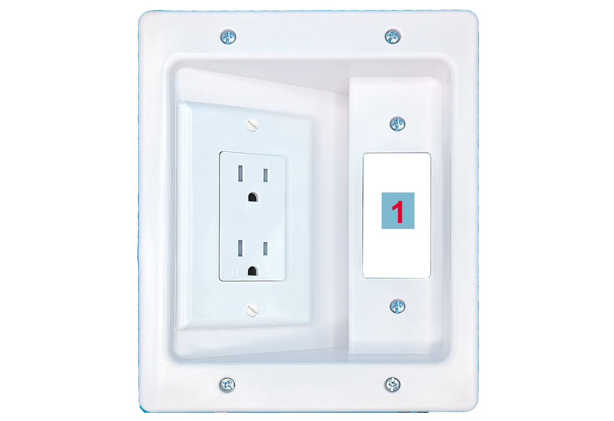 RiteAV Custom 1 Port Recessed Wall Plate Cable Concealer Management Kit with Power Outlet Hides Cords and Cables