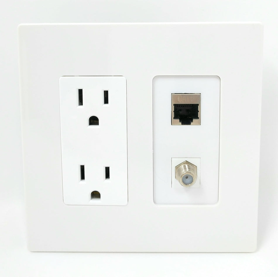 RiteAV - 15 Amp Power Outlet and 1 Port Shielded Cat6 Ethernet and 1 Port Coax Cable TV- F-Type Screwless Decorative Type Wall Plate - White