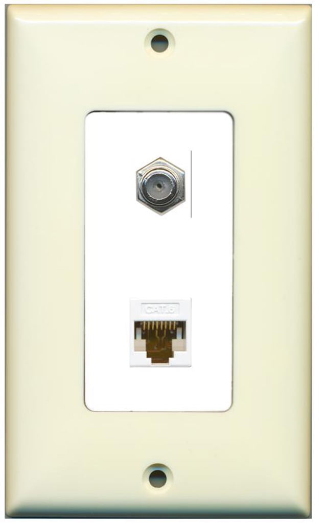 RiteAV - 1 Coax Cable TV F and 1 Cat6 Ethernet Wall Plate Decorative - Light Almond & White - Bracket Included