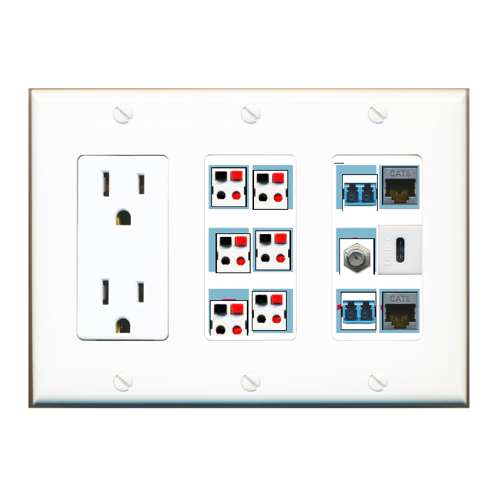 Custom Wall Plate 15 Amp Power Outlet White with up to 12 Keystone Ports