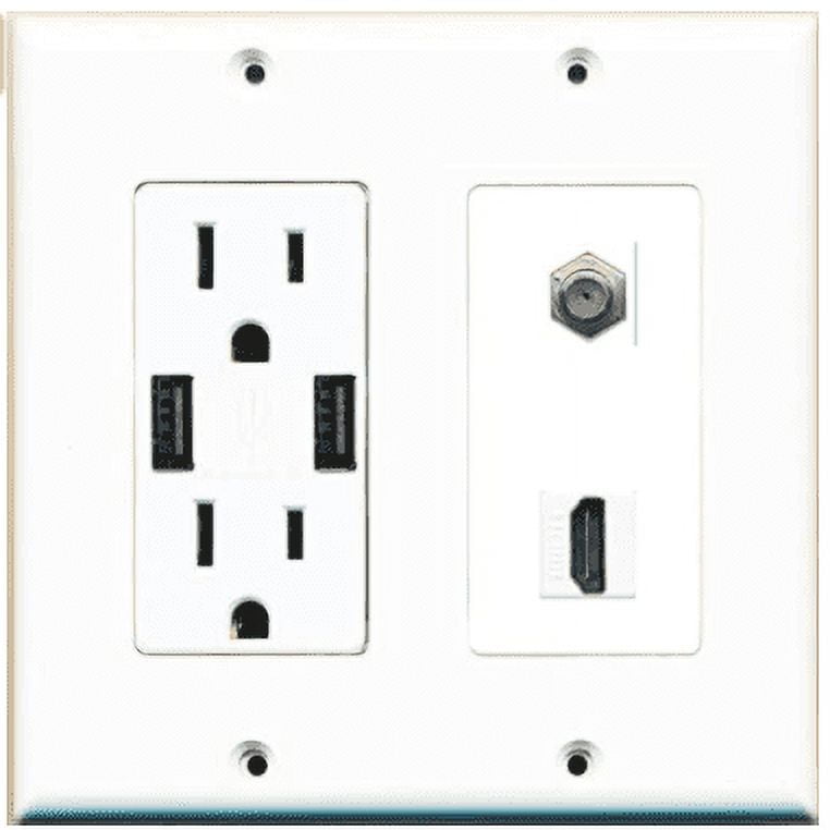 RiteAV USB Charger Outlet 15A/125V with Dual 3.6A USB Charging Ports and 1 x Coax and 1 x HDMI Decorative White Wall Plate