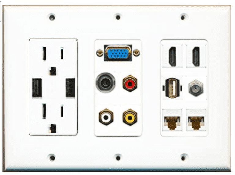 RiteAV USB Charger Outlet 15A/125V with Dual 3.6A USB Charging Ports and 2 HDMI 2 Cat6 3.5mm RCA Composite Coax USB-A SVGA Decorative White 3 Gang Wall Plate