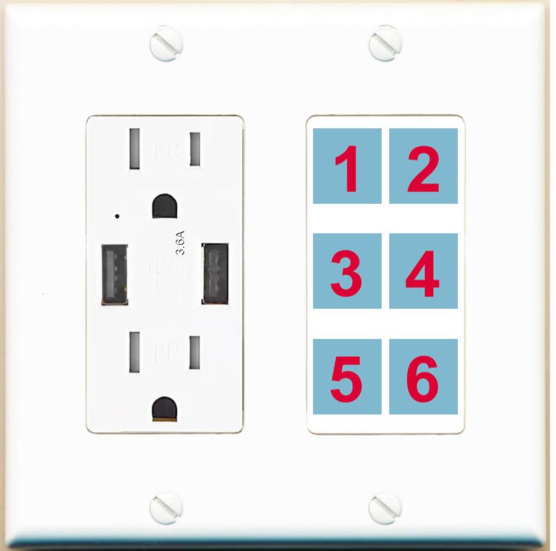 Custom Wall Plate 2 x USB-Charger + Tamper Resistant 15 Amp Power Outlet White with up to 6 Keystone Ports