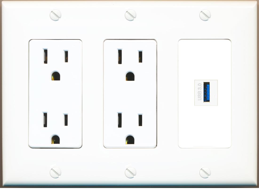 RiteAV USB-3 Wall Plate with Dual 15A Power Outlets