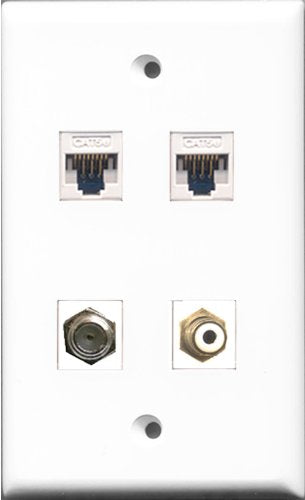 RiteAV - 1 Port RCA White and 1 Port Coax Cable TV- F-Type 2 Port Cat5e Ethernet White Wall Plate