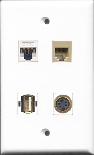 RiteAV 1 Port USB A-A and 1 Port Phone RJ11 RJ12 Beige and 1 Port S-Video and 1 Port Cat5e Ethernet White Wall Plate